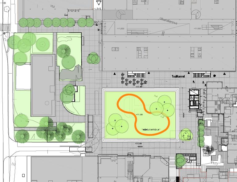 s. 9 / 11 HAVAINNEMATERIAALIA SUUNNITELMISTA Länsituulenaukio, Tapiola, Idealuonnos, 2017. Maisema- arkkitehdit Byman & Ruokonen Oy Alustava kaavarajaus on esitetty kuvassa pinkillä värillä.