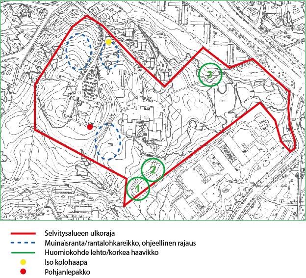 9 Huomiokohteet on esitetty kartassa: 1) Huomiokohde. Tiheä ja korkeapuustoinen haapakuvio (numero 1), joka yhdistyy viereiseen leh- tokuvioon 2). 2) Huomiokohde. Lehto 3) Huomiokohde.