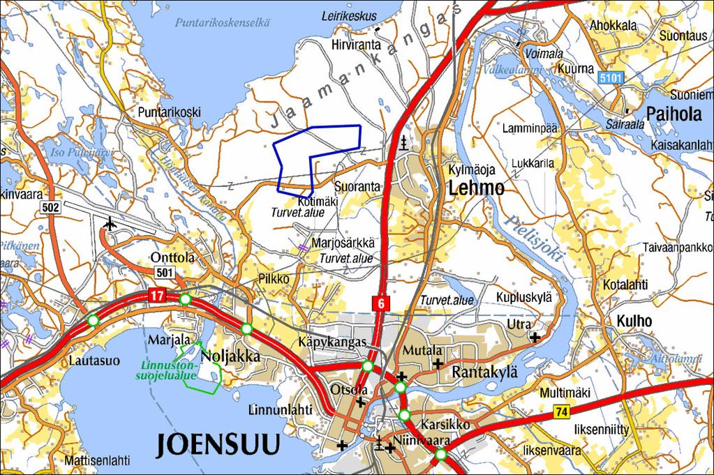 Johdanto Tämän linnustoselvityksen kohteena oli noin kolmen neliökilometrin laajuinen laajennusalue Lehmon kaavaan viitisen kilometriä Joensuun kaupungista pohjoiseen. Rajauksen piiriin kuuluvat mm.