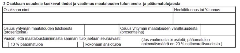 Maatalousyhtymän veroilmoitus 2Y, osakkaita koskevat tiedot Ilmoita osakkaita koskevia tietoja lomakkeella 2Y vain silloin jos osakas vaatii muuta