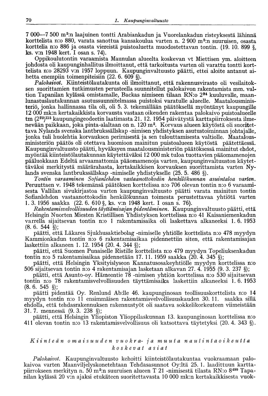 :70 1. Kaupunginvaltuusto 7 000 7 500 m 2 :n laajuinen tontti Arabiankadun ja Vuorelankadun risteyksestä lähinnä korttelista n:o 880, varata sanottua kansakoulua varten n.