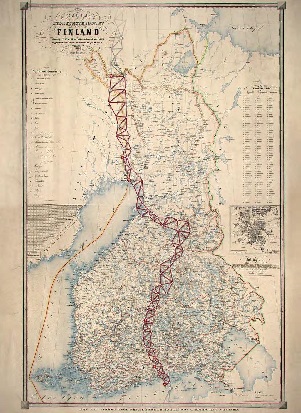 Kartassa vuodelta 1860 on kuvattu Struven ketjun pisteverkosto Suomessa, yhtenä Huhmarmäki (14.