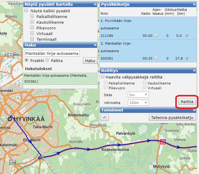 Ohje 11 (35) 4. Kun reitin alku- ja päätepysäkki on määritelty, reitin saa piirrettyä kartalle painamalla Reititä -painiketta.