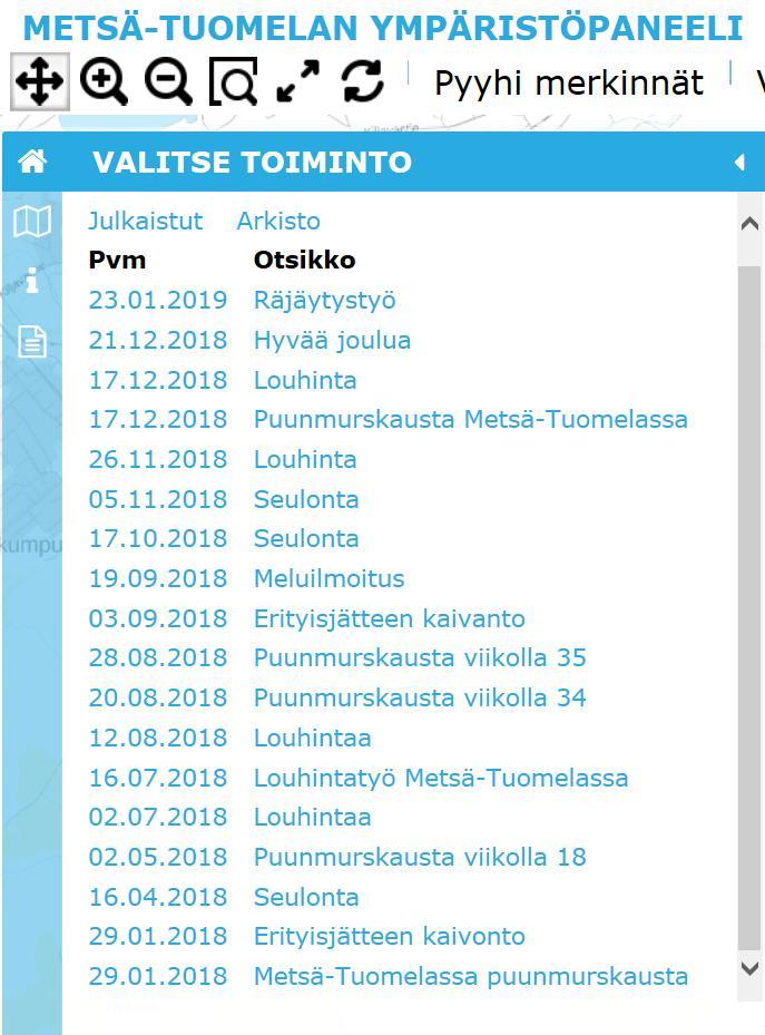 3. TIEDOTTEET Karttapalautepalveluun kirjattiin Metsä-Tuomelan jäteaseman, Kekkilä Oy:n kompostointilaitoksen ja ASM Kiviainespalvelu Oy:n yhteyshenkilöiden toimesta yhteensä 17 tiedotetta vuonna