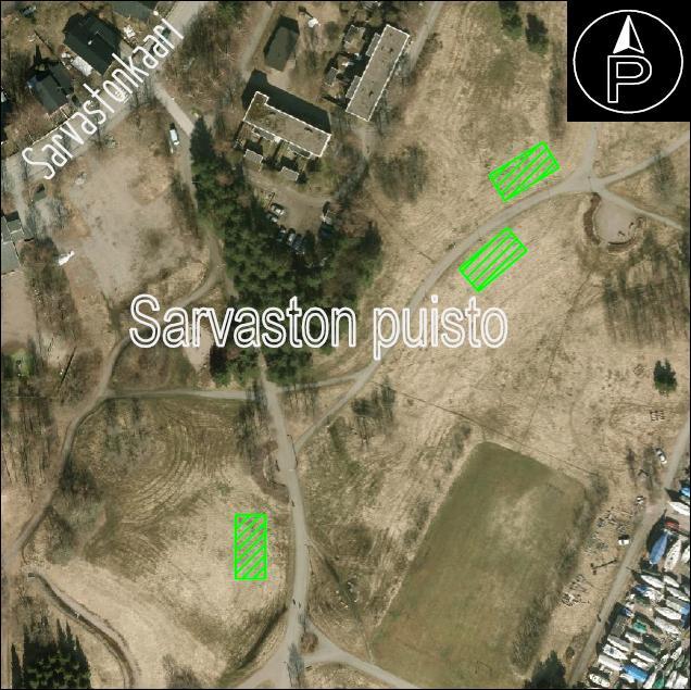 23 Sarvastonpuisto,Laajasalo Merkityt istutusalueet yhteensä 570m² Alueille aluksi noin 45 istutuslavaa, ellei istuteta suoraan maahan.