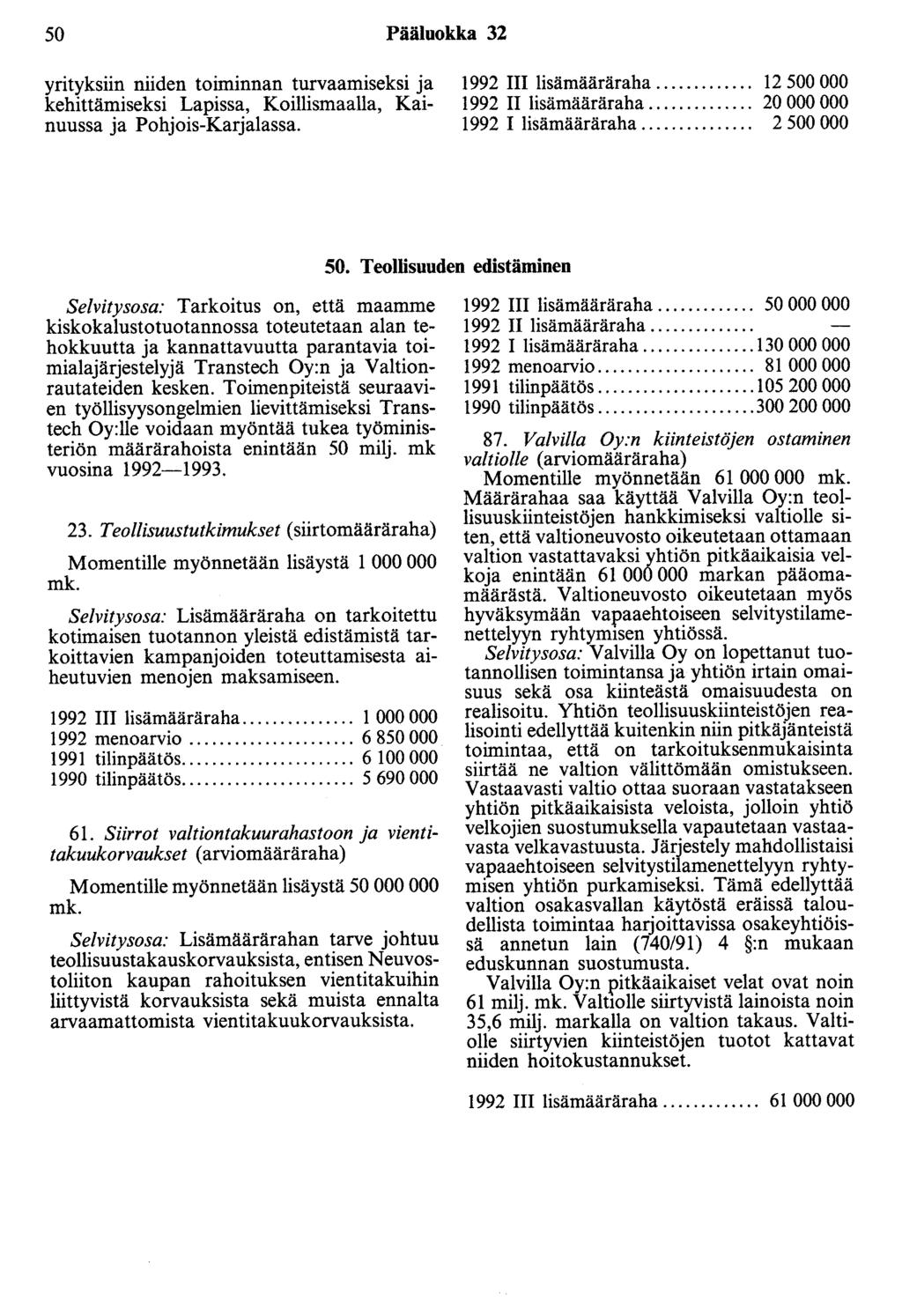 50 Pääluokka 32 yrityksiin niiden toiminnan turvaamiseksi ja kehittämiseksi Lapissa, Koillismaalla, Kainuussa ja Pohjois-Karjalassa. 1992 III lisämääräraha... 12 500 000 1992 II lisämääräraha.