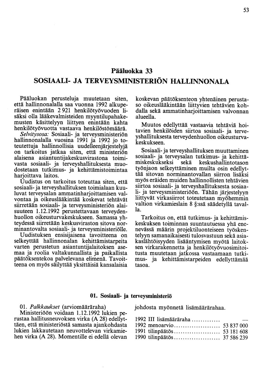 53 Pääluokka 33 SOSIAALI- JA TERVEYSMINISTERIÖN HALLINNONALA Pääluokan perusteluja muutetaan siten, että hallinnonalalla saa vuonna 1992 alkuperäisen enintään 2 921 henkilötyövuoden lisäksi olla