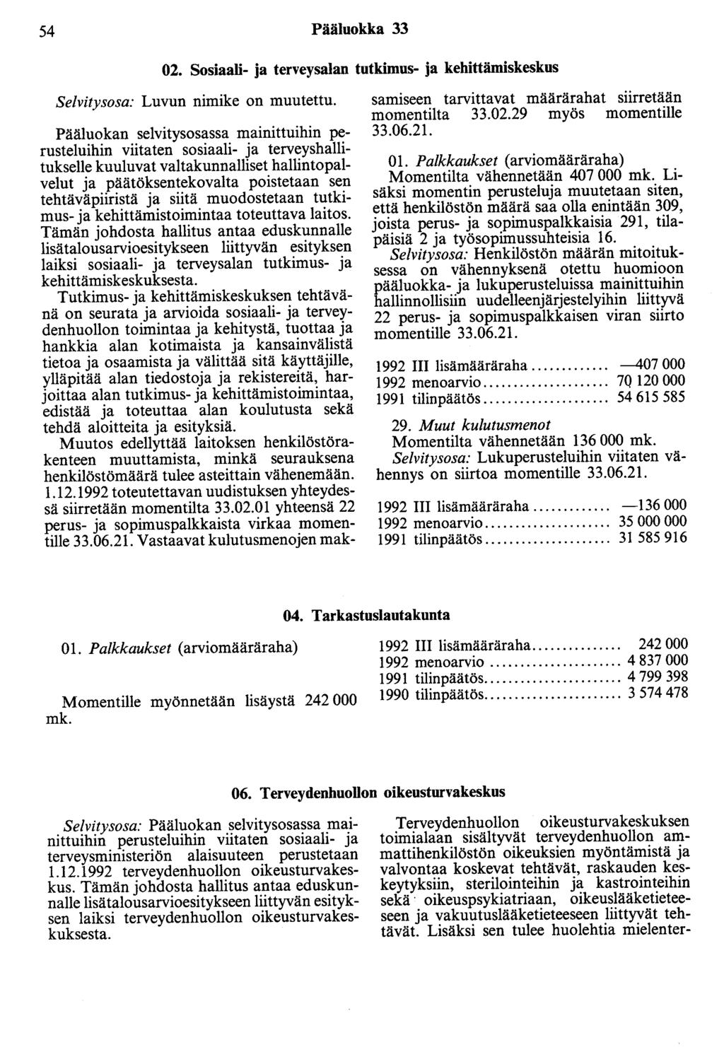 54 Pääluokka 33 02. Sosiaali- ja terveysalan tutkimus- ja kehittämiskeskus Selvitysosa: Luvun nimike on muutettu.