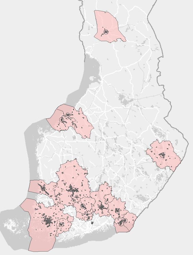 Tiedot summattu vuoden 214 rakennus- ja huoneistorekisteristä kartan kuvaamaan aluejakoon, joka muodostuu ruutupohjaisista vyöhykkeistä, taajamista ja niitä