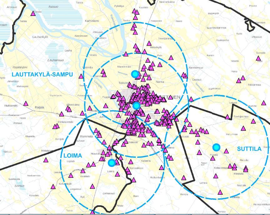 OPPILAAKSIOTTOALUEET Merkittävä osa koulun tulevista oppilaista asuu alle 3 km