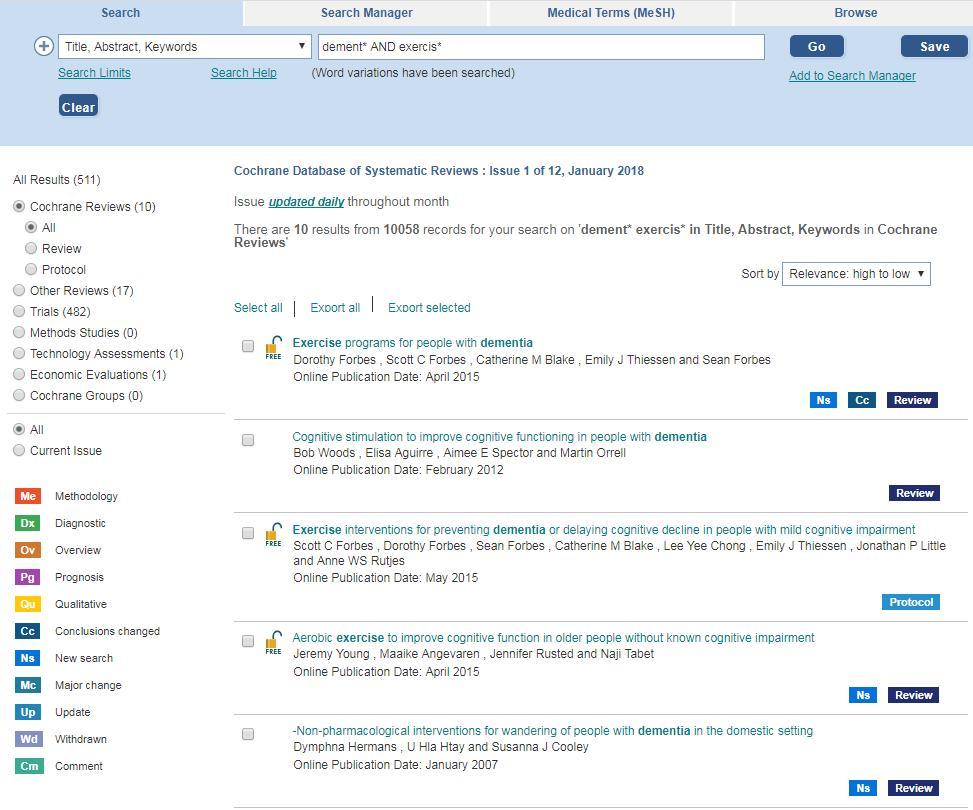 COCHRANE LIBRARY hakutulokset ryhmiteltynä huomaa esim.