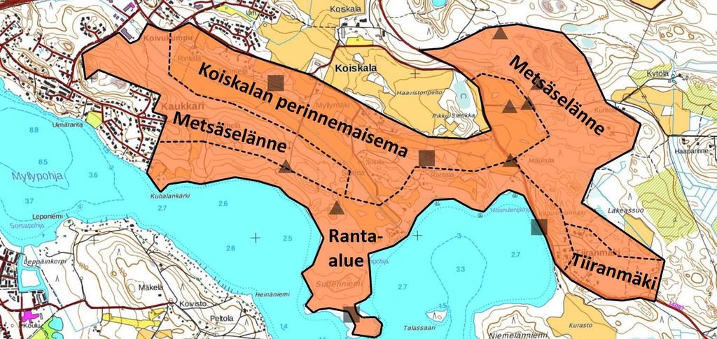 4.3 Maamerkit ja näkymät, maisemapuut Selvitysalueen maamerkkeinä voidaan ensisijaisesti pitää Koiskalan kartanon perinnemaisemaan liittyviä peltomaisemia, unohtamatta Myllymäen perinnemaisemaa