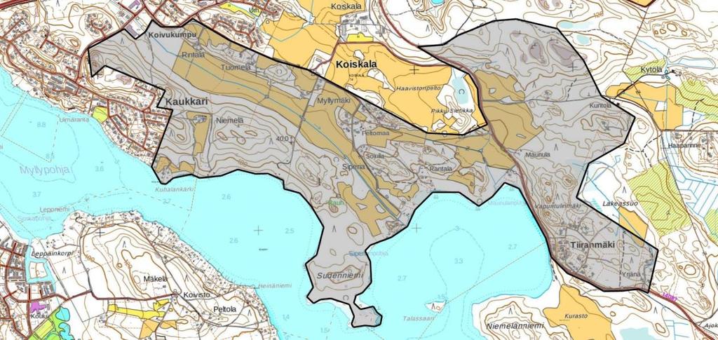 Kuva 2. Koiskala Sudenniemen selvitysalue peruskartalla. 1.2 Kaavatilanne 1.2.1 Maakuntakaava Päijät-Hämeen voimassa olevassa maakuntakaavassa (2014) suurin osa selvitysalueesta on osoitettu taajamatoimintojen alueeksi (kuva 3).