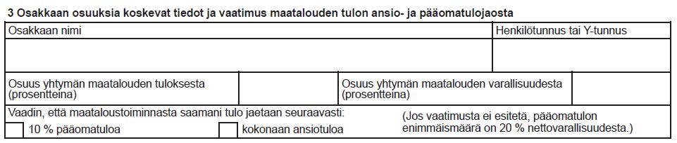 Maatalousyhtymän veroilmoitus 2Y - osakkaita koskevat tiedot Ilmoita osakkaita koskevia tietoja vain silloin jos osakas vaatii muuta pääomatulo-osuutta kuin 20 %:n enimmäismäärää jos osakkaalle