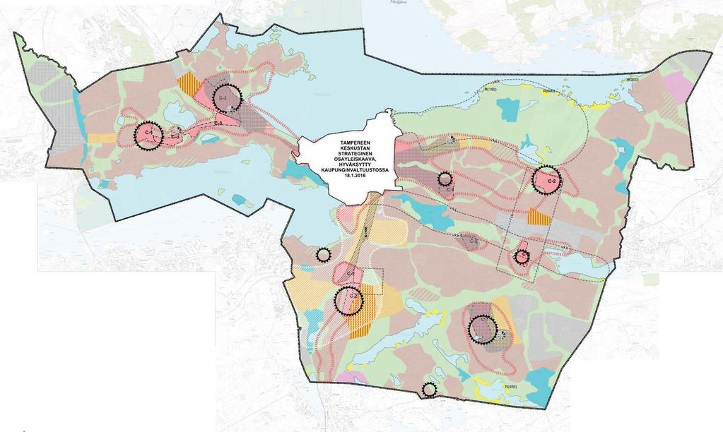 Maankäyttö Lielahti-Hiedanranta Tesoma Keskusta-alueet (280 ha 751 ha) Täydentyvät: Tesoma, Hervanta, Kaukajärvi Uudistuvat: Lielahti-Hiedanranta, Peltolammi-Lakalaiva, Koilliskeskus Laajentuvat: