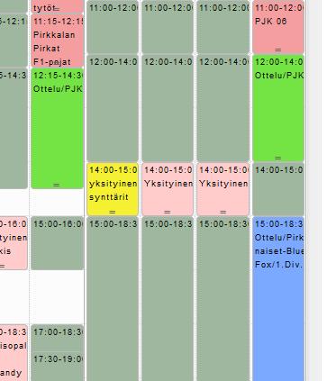 KALENTERIN VÄRILUOKITTELUT Kalenterivarauksilla on myös muita väriluokitteluita, jotka helpottavat tapahtumien hahmottamista: Kirkas Vihreä = Pirkkalan jalkapalloklubin ottelu
