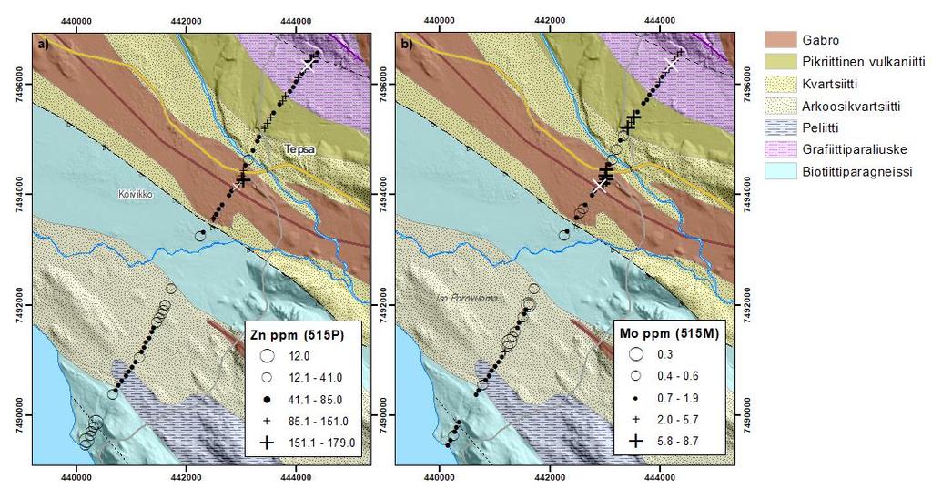 GEOLOGIAN TUTKIMUSKESKUS 8 ppm (pohjoinen) Bi-pitoisuudet ja b) 0,28 ppm (eteläinen) ja 2,83 ppm (pohjoinen) Bipitoisuudet 511PM menetelmällä mitattuna. Pohjakartat: Maanmittauslaitos. Kuva 7.