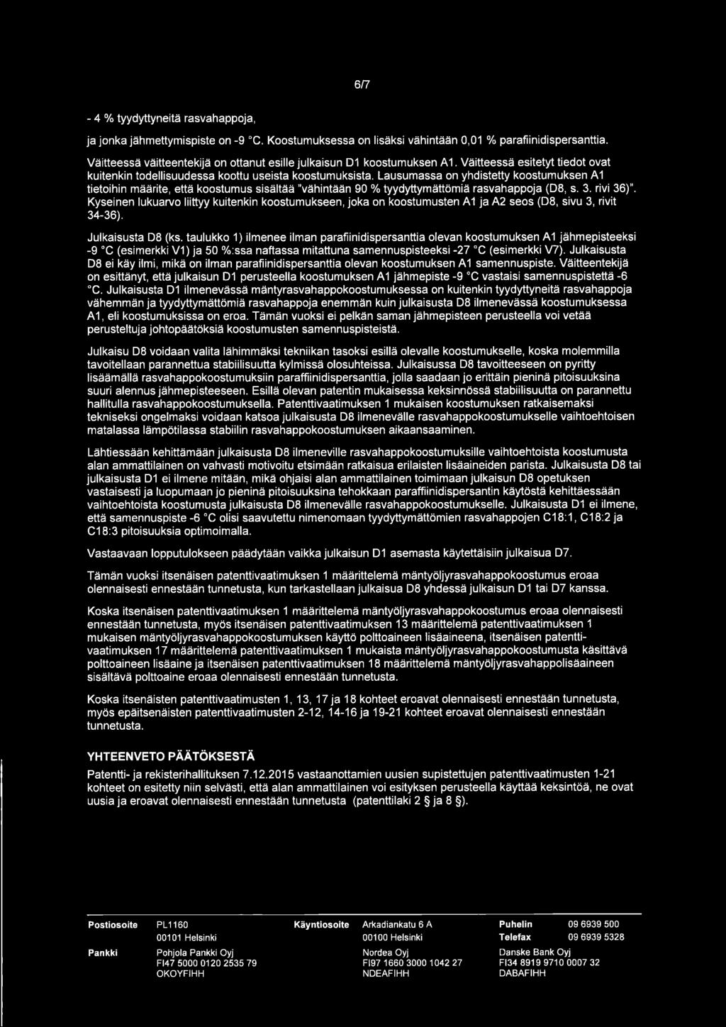 6/7-4 % tyydyttyneitä rasvahappoja, ja jonka jähmettymispiste on -9 De. Koostumuksessa on lisäksi vähintään 0,01 % parafiinidispersanttia.