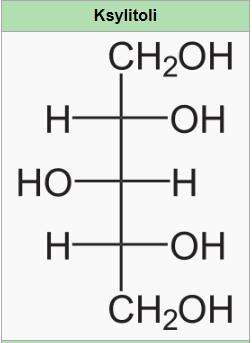 Mitä ksylitoli on? Ksylitoli (C 5 H 7 (OH) 5 ) on sokerialkoholi (polyoli) Luonnosta peräisin oleva makeutusaine Ksylitolia on luonnossa pieniä määriä mm.