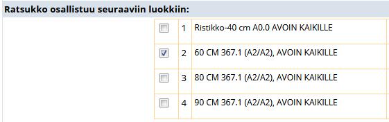 Valitse luokka, johon osallistut ensisijaisen heppatoiveen mukaisesti Tallenna ilmoittatumista koskevat lisätiedot ja ratsun kategoria (Poni), jos sitä ei pystytä hakemaan ratsun tiedoista lomakkeen