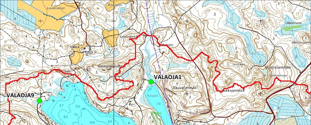 15 Kuva 4.14. Valajärven ojahavaintopaikkojen sijainti (Peruskarttarasteri Maanmittauslaitos 6/2012).