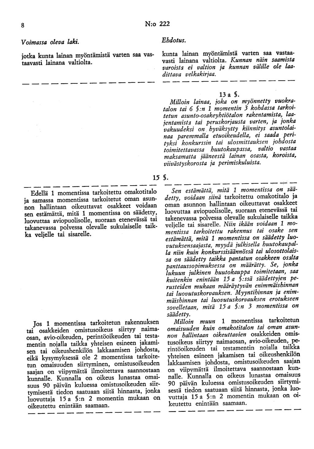 8 N:o 222 Voimassa oleva laki. jotka kunta lainan myöntämistä varten saa vastaavasti lainana valtiolta. Ehdotus. kunta lainan myöntämistä varten saa vastaavasti lainana valtiolta. Kunnan näin saamista varoista ei valtion ja kunnan välille ole laadittava velkakirjaa.