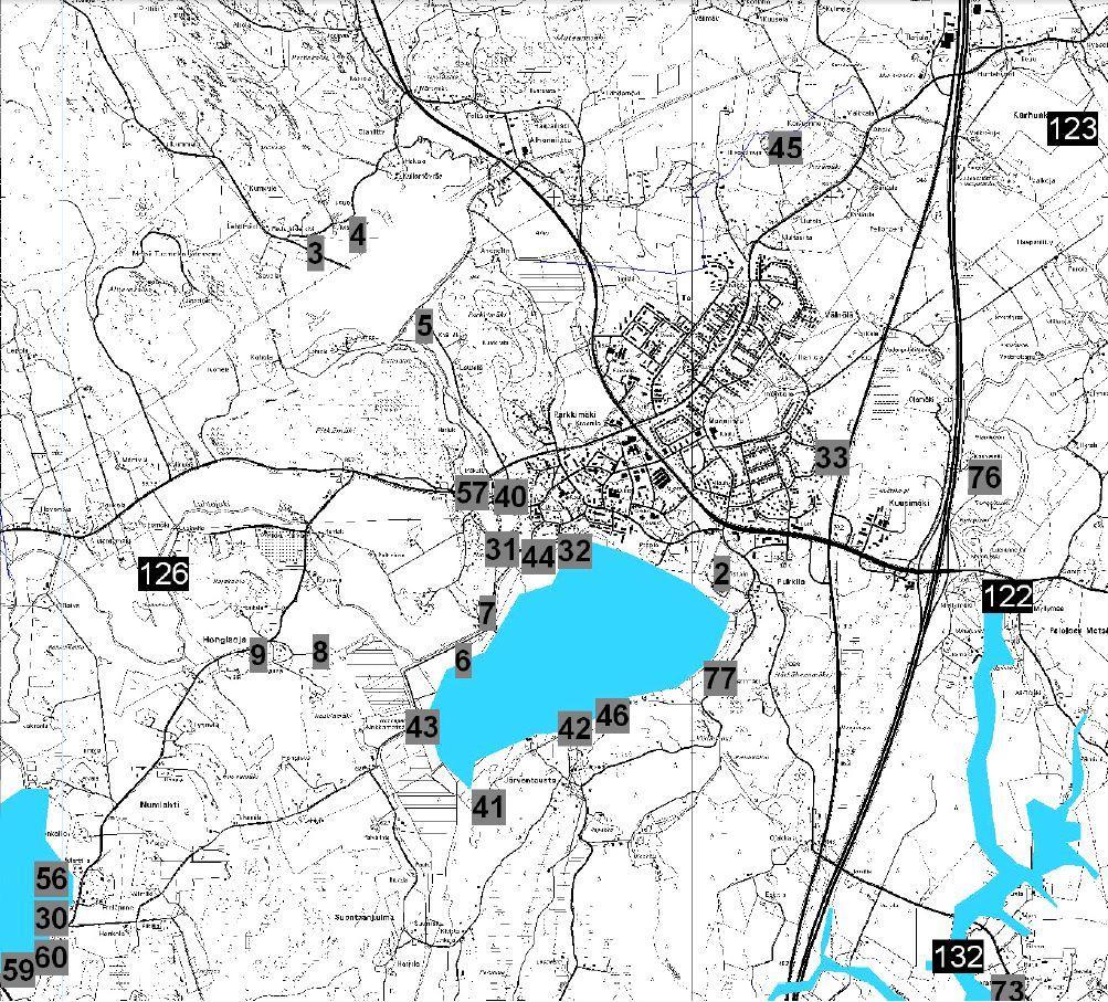 5.3.2019 18(112) Kuva 3. Eteläisen Nurmijärven muinaisjäännökset ja irtolöydöt sekä veden korkeus 40 mpy. (Johanna Seppä 2006). Kuvassa mustalla irtolöydöt, harmaalla kiinteät muinaisjäännökset.