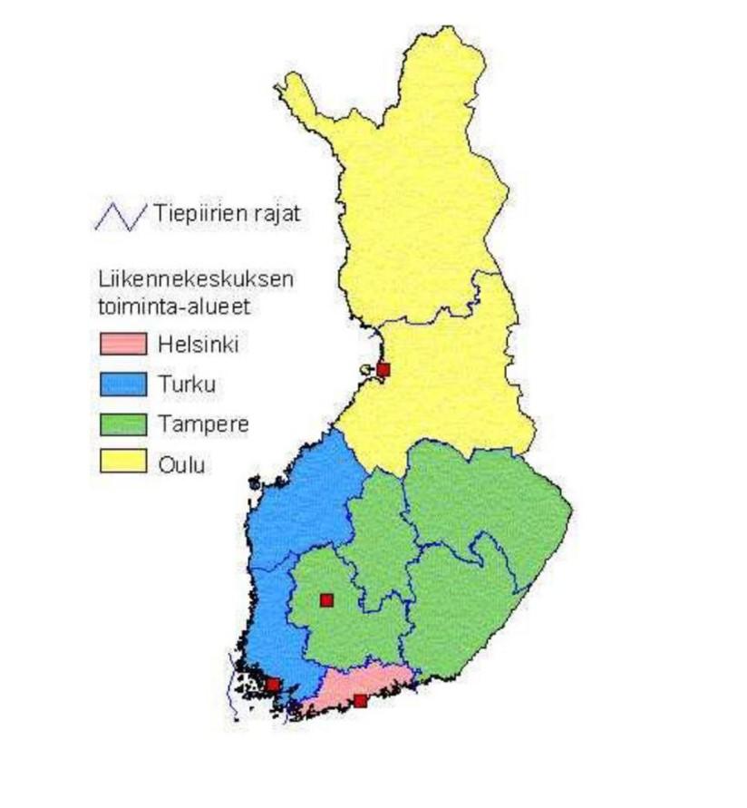 (Korpela 2018) Kuvassa 11 on esitelty liikennekeskusten toiminta-alueet. Kuva 11.