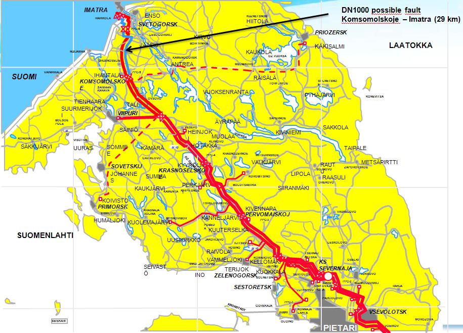 kaasun lähtöpaine kompressoriasemalla Venäjällä Severnajassa on 48 bar ja tulopaine Suomessa Imatralla 35 bar.