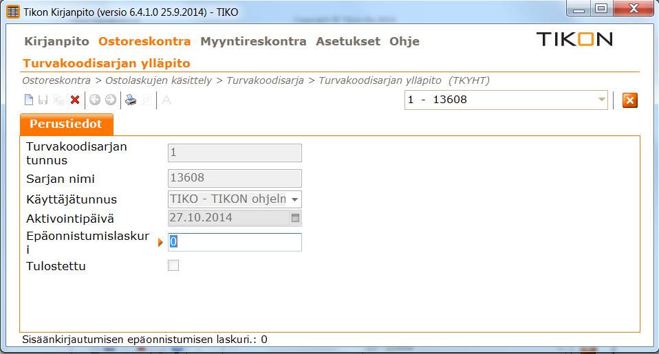 Toukokuu 2015 5 (9) Kenttien selitykset: Turvakoodisarjan ylläpito Kenttä Turvakoodisarjan tunnus Sarjan nimi Käyttäjätunnus Aktivointipäivä Epäonnistumislaskuri Tulostettu Selitys Turvakoodisarjan