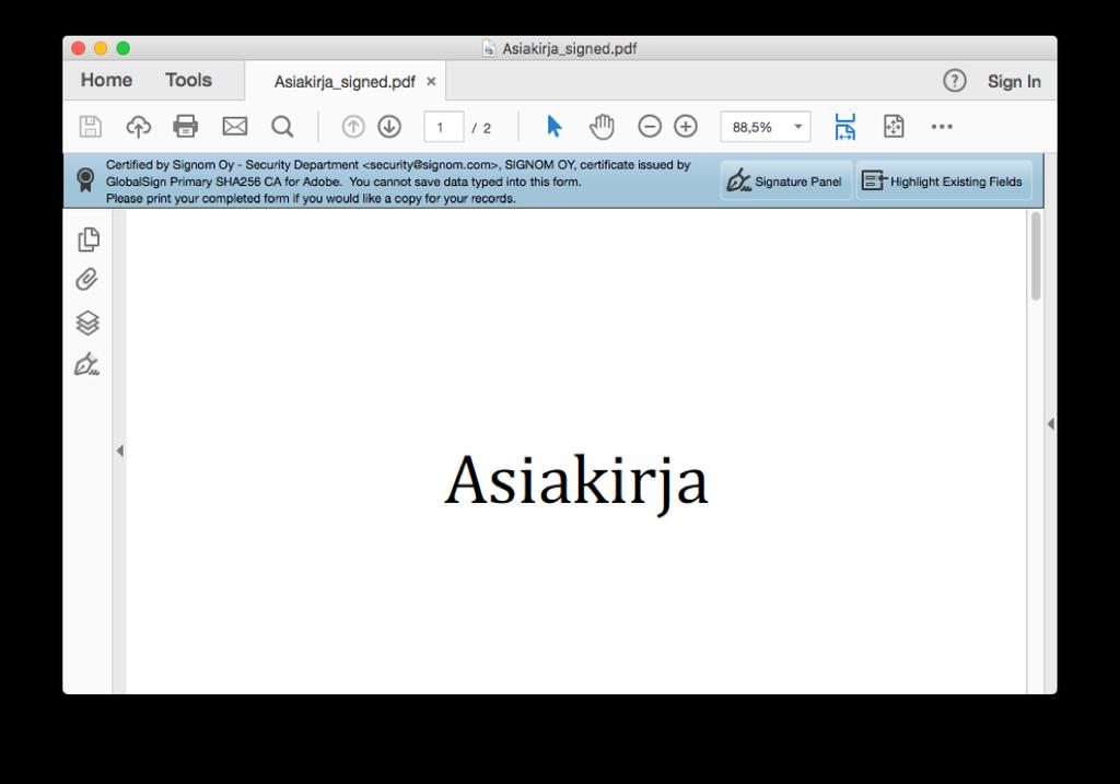 Kuva 2: PDF-dokumentti, jossa on varmennettu sähköinen leima.