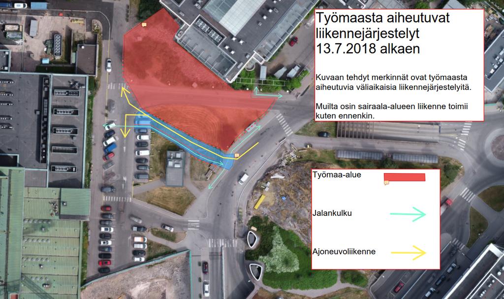 Kuva 6. Syöpätautien klinikan ja Biomedicumin välisen uuden auto-/kävelytien rakentamisesta aiheutuvat liikennejärjestelyt 13.7.