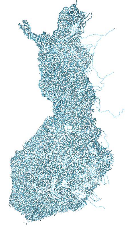 Uomaverkosto Verkostomainen esitys vesistöistä Koostuu linkeistä (uomat) ja solmuista (uomapisteet) 100 000 km ja 40 000 linkkiä SYKEn luoma ja ylläpitämä aineisto Geometria perustuu MTK:n
