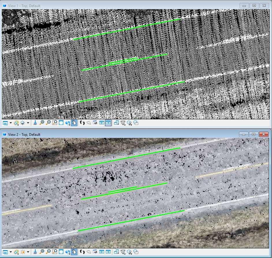 Tasotarkkuus Geometrinen tarkkuus tasossa: Ylempi kuva Laserpistepilvi intensiteetin mukaan värjättynä Alempi kuva Ilmakuvapistepilvi rgb-arvon mukaan