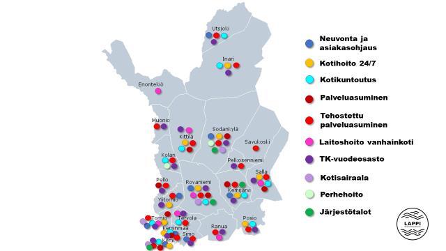 Kuvio 8 Ikäihmisten palvelujen palveluverkko 2018 Yhteenveto: Terveyskeskusten vuodeosastoja on kaikissa muissa kunnissa paitsi Savukoskella ja Enontekiöllä.