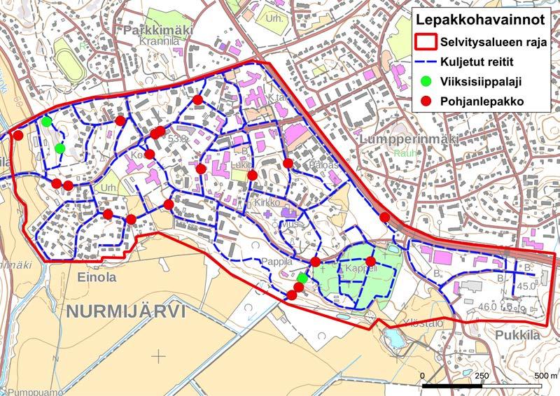 Kartta 3. Kaikki aktiiviseurannan havainnot ja kartoitusreitit selvitysalueella. 6.1.2. Passiiviseuranta Passiiviseurantalaitteisiin oli tallentunut yhteensä 118 havaintoa lepakoista (taulukko 1).