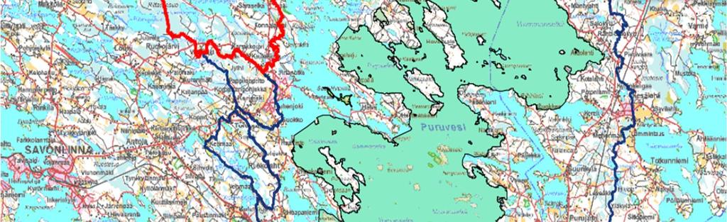 Puruveden vesistöalue osavaluma-alueineen. Kuonanjoen osavaluma-alue on rajattu punaisella (Pro Puruvesi 2018c). 1.