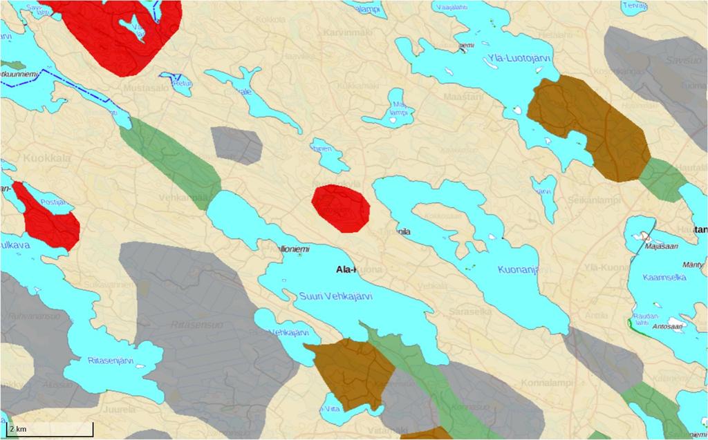 21 Kuonanjärven valuma-alueen maaperä on pääosin hiekkamoreenia. Kuonanjärven ja Suuren Vehkajärven välisellä harjulla on myös kallioperän paljastumia.