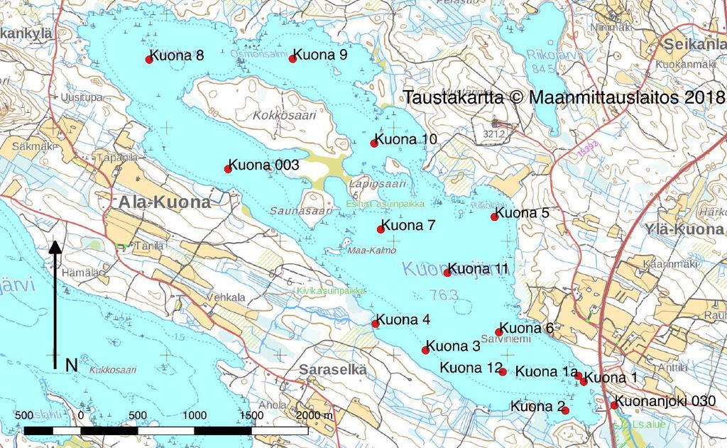 50 Kuva 18. Kuonanjärven kenttätutkimusten havaintopaikat kevättalvella 2018. Taulukko 7.