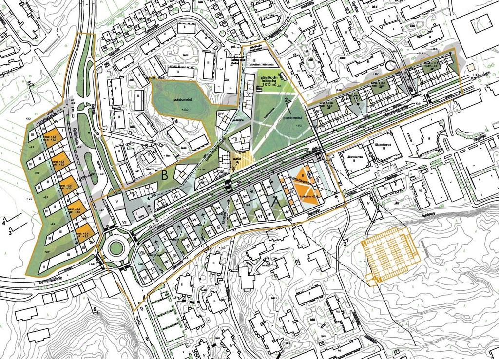 s. 11 / 12 Kuvat 10a ja10b: SUUNNITELMAVAIHTOEHTO B, Alueen havainnekuva ja aluenäkymä lounaasta, Arkkitehtitoimisto A-