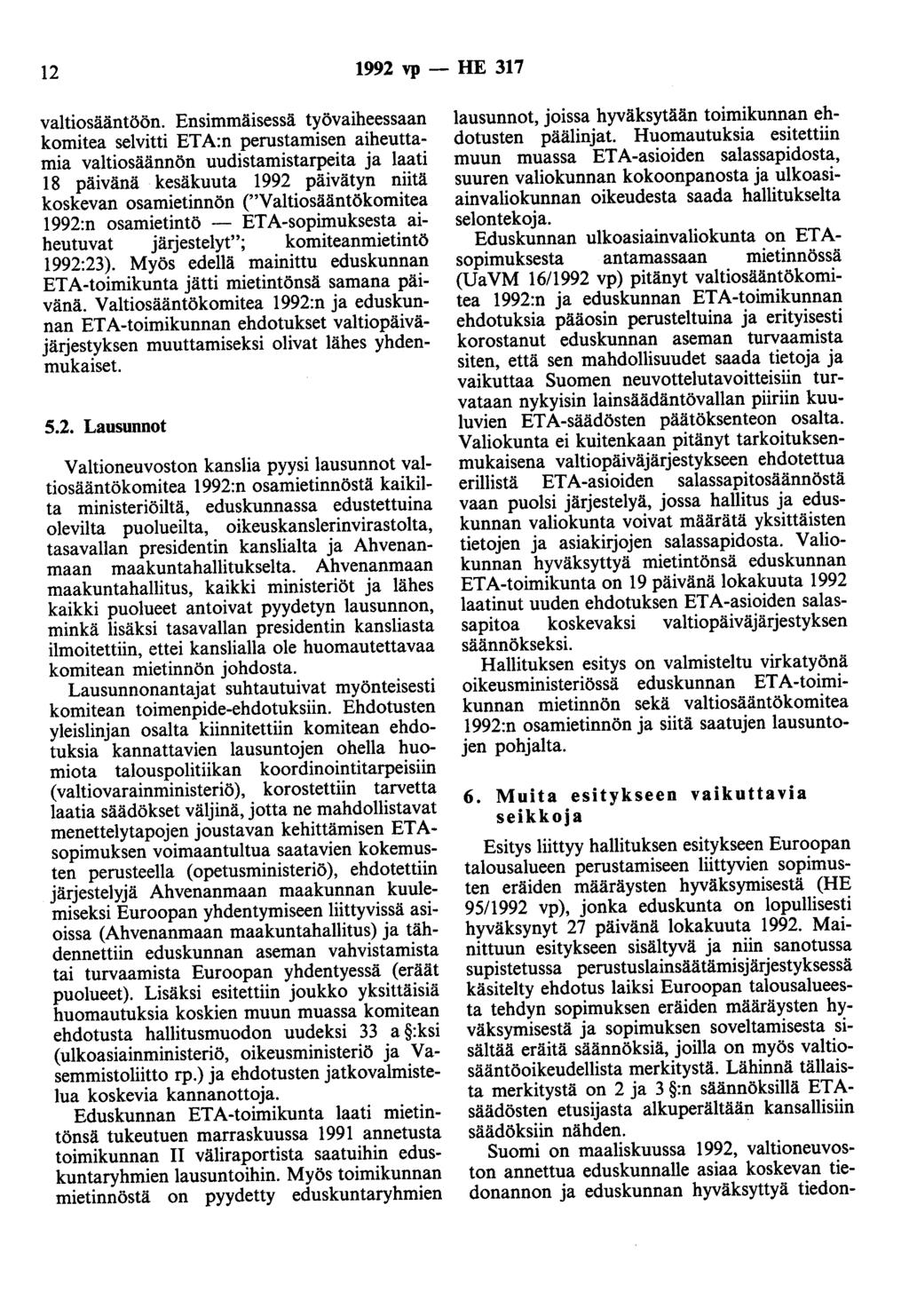12 1992 vp - HE 317 valtiosääntöön.