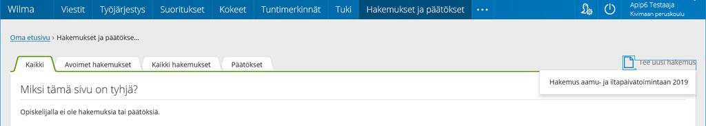 Perusopetuksen iltapäivätoiminta Ohje hakemiseen Wilman kautta Hakeminen perusopetuksen iltapäivätoimintaan Wilmassa Huom.