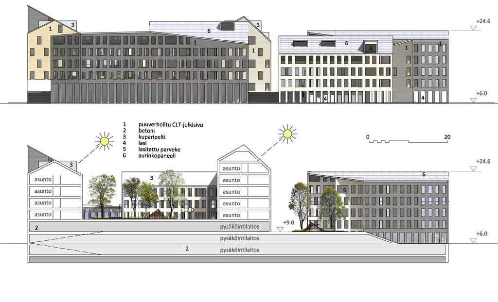 Kortteöossa kauttaaltaan toistuva 3.60 m moduuli helpottaa rakentamista ja suunnittelua. Puurakenteiset tilaelementit ovat keveitä ja ne voidaan asentaa pysäköintilaitoksen kantaville rakenteille.