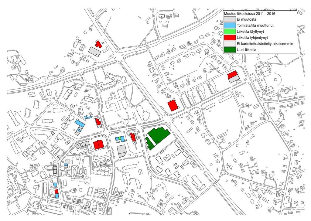 Liiketiloissa tapahtuneet muutokset ydinkekustassa sekä Kauppanummen alueella ja Ilvesvuoressa 2011 2016 Lähde: