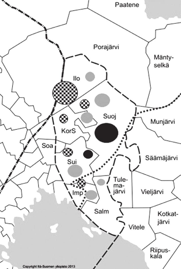 NUT- PARTISIIPIN VARIAATIOSTA RAJAKARJALAISMURTEISSA Taulukko 1. n-, (n)na- ja nun-tyyppien jakauma pitäjittäin Tyyppi n (n)na nun Yht.
