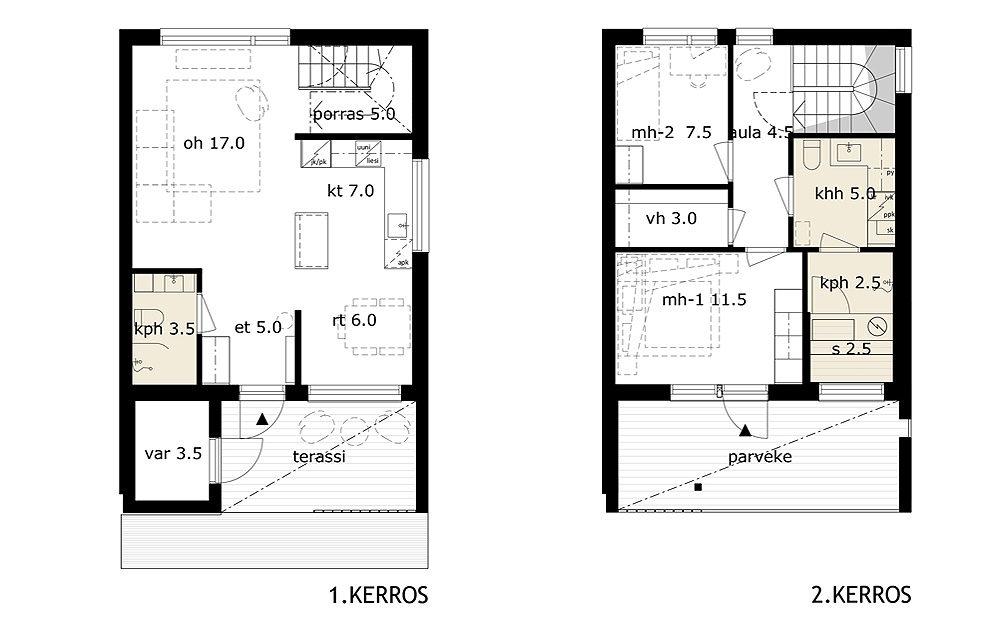 E1 VAPAA 83,5m² 3h + k Myyntihinta: 78 600 Velaton: 262 000 Paritalokodissa koko alakerta on yhtenäistä oleskelutilaa, johon valoa tulee kolmesta ilmansuunnasta.