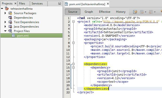 Kopioidaan JUnit-kirjasto ennen riviä </project>: <dependencies> <dependency> <groupid>junit</groupid> <artifactid>junit</artifactid> <version>4.