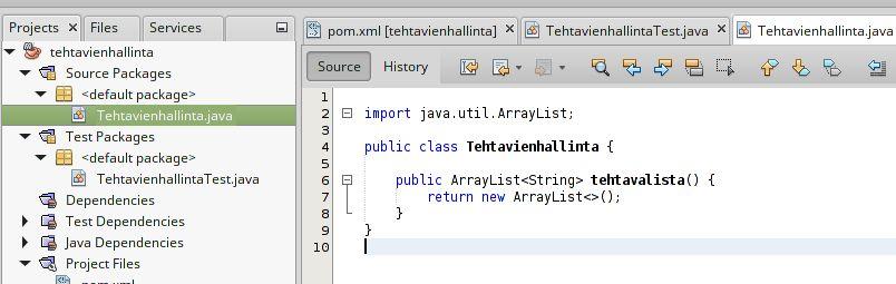 Luodaan luokka Tehtavienhallinta (luokka lisätään kansioon Source Packages) ja lisätään luokalle listan palauttava metodi