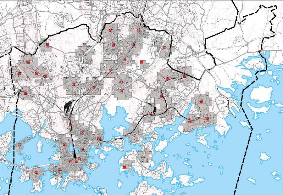 Saavutettavuus asukkaiden näkökulmasta Kävelyvyöhyke, 15 min Harmaat alueet kuvaavat 15 minuutin kävelyetäisyyttä lähimmästä liike- ja palvelukeskustasta (Yleiskaava C1)