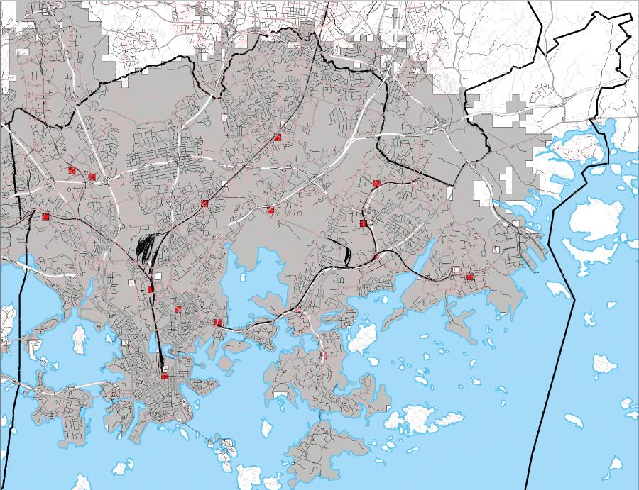 Saavutettavuus asukkaiden näkökulmasta Joukkoliikennevyöhyke, liike- ja palvelukeskukset (C1), 2 min Harmaat alueet kuvaavat 2 minuutin